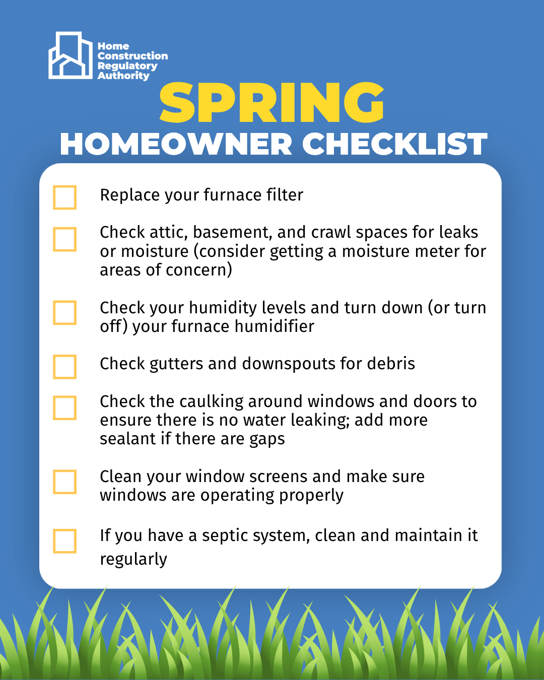 Spring Homeowner Checklist. List of items for home maintenance.